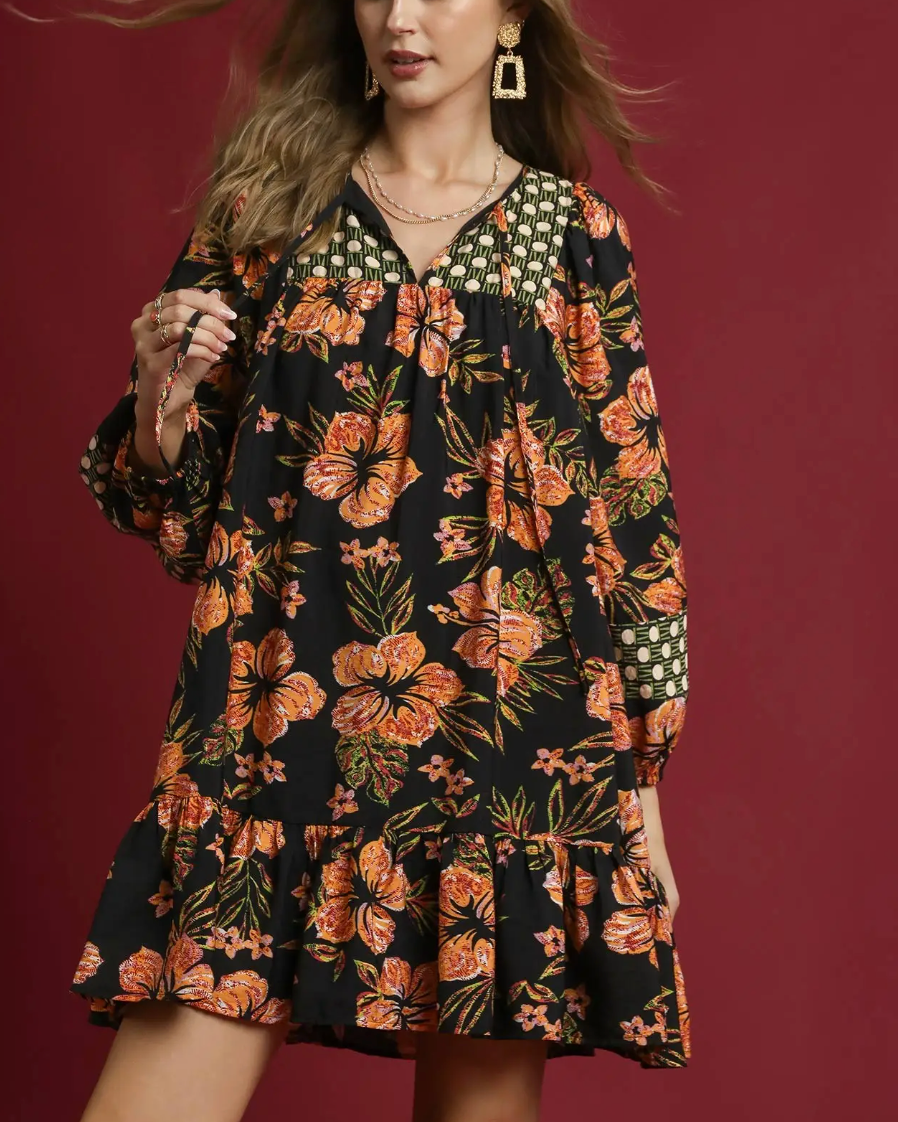 Black Hibiscus & Vine Mixed Dress