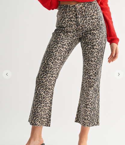 Leopard High Rise Crop Flare w/ Distressed Hem