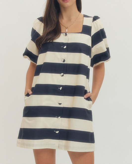 STRIPED 3/4 PUFF MINI DRESS