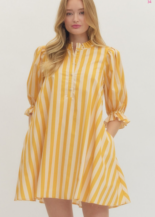 Striped 3/4 puff sleeve mini dress Curvy
