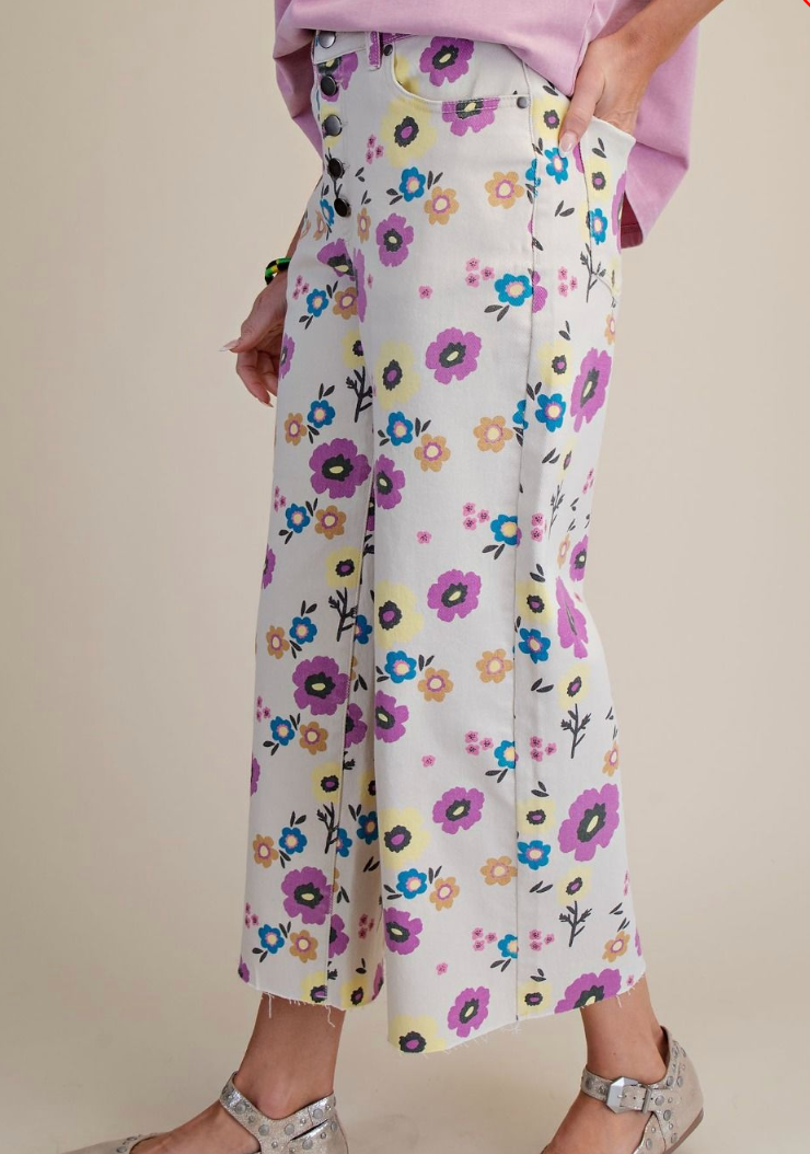 FLORAL PRINT STRETCH WASHED TWILL PANTS