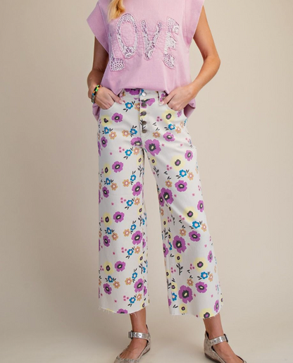 FLORAL PRINT STRETCH WASHED TWILL PANTS