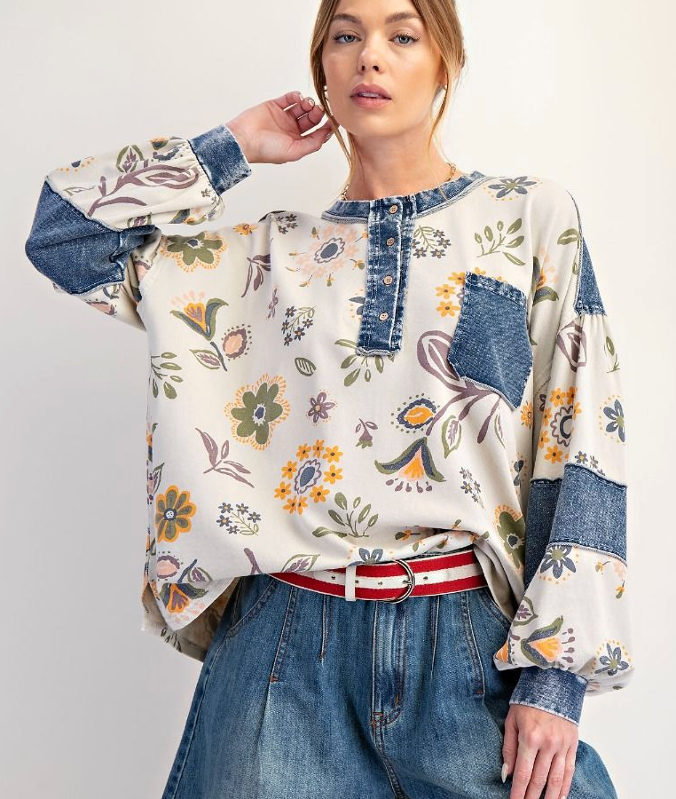 FLORAL PRINT WASHED TERRY HENLEY TOP