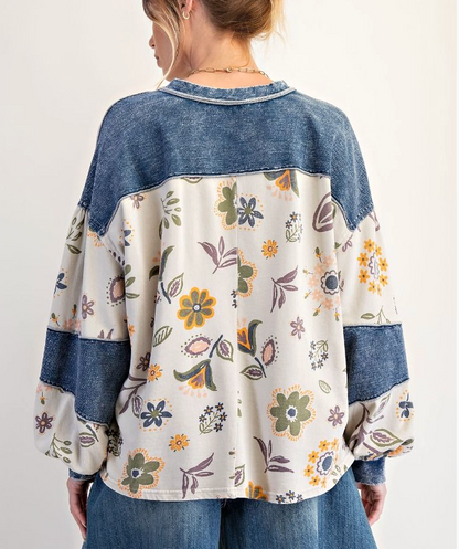 FLORAL PRINT WASHED TERRY HENLEY TOP