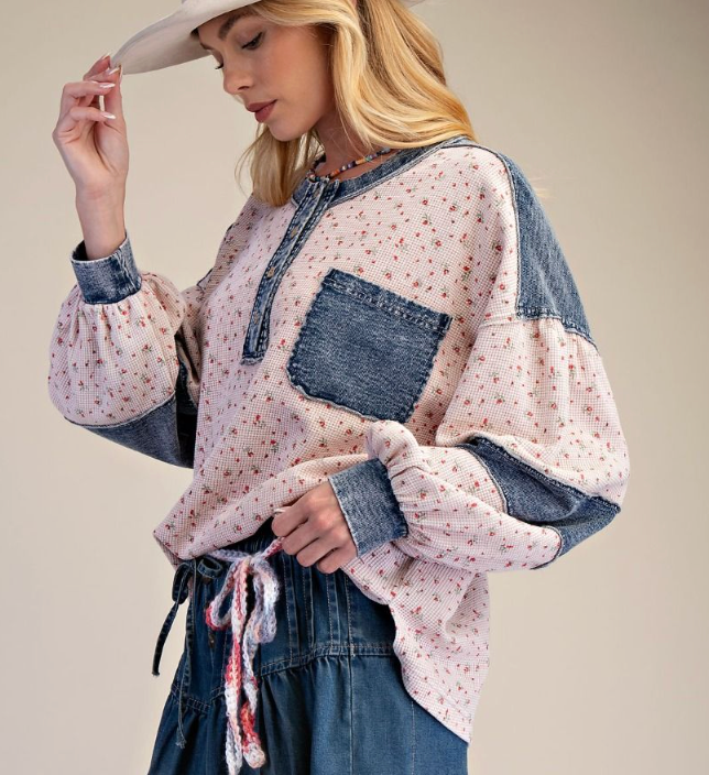 PRINTED WASHED HENLEY TOP