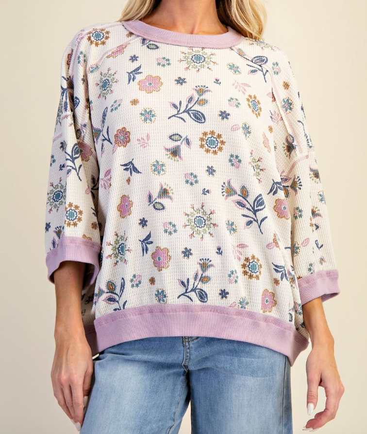 SIGNATURE PRINTED WAFFLE KNIT PULLOVER TOP