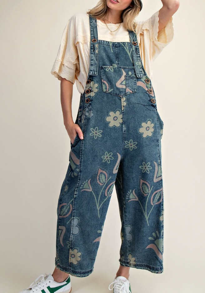 FLORAL PRINT WASHED DENIM JUMPSUIT PANTS