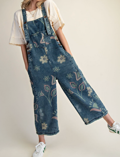FLORAL PRINT WASHED DENIM JUMPSUIT PANTS