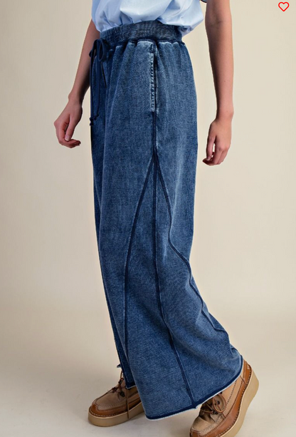 WASHED TERRY WIDE LEG PANTS