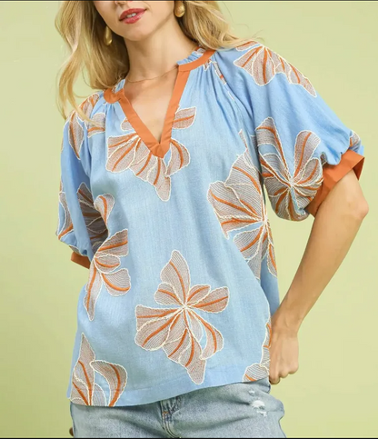 Embroidered V-Neck Top
