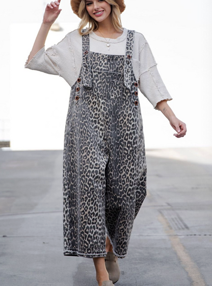 WASHED ANIMAL PRINT TWILL OVERALLS
