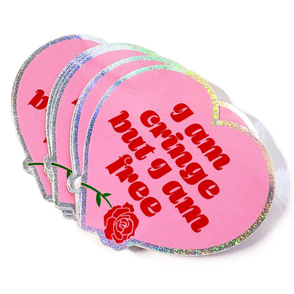 I Am Cringe But I Am Free Heart Shaped Glitter Sticker