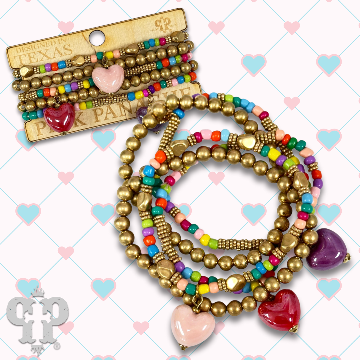 Multi-color bracelet with three heart charms