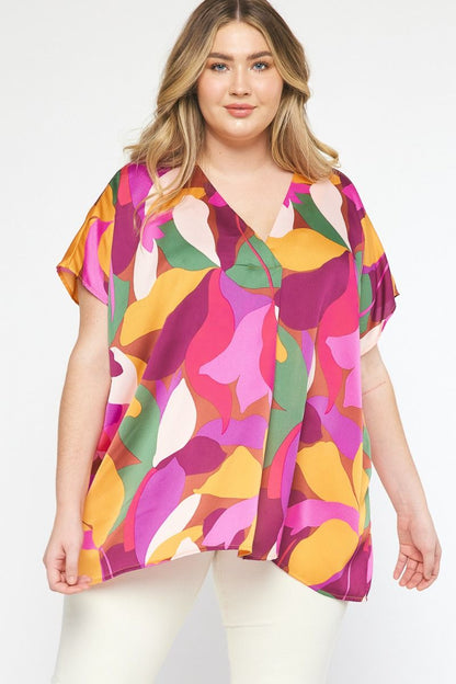 Satin printed v-neck short sleeve top