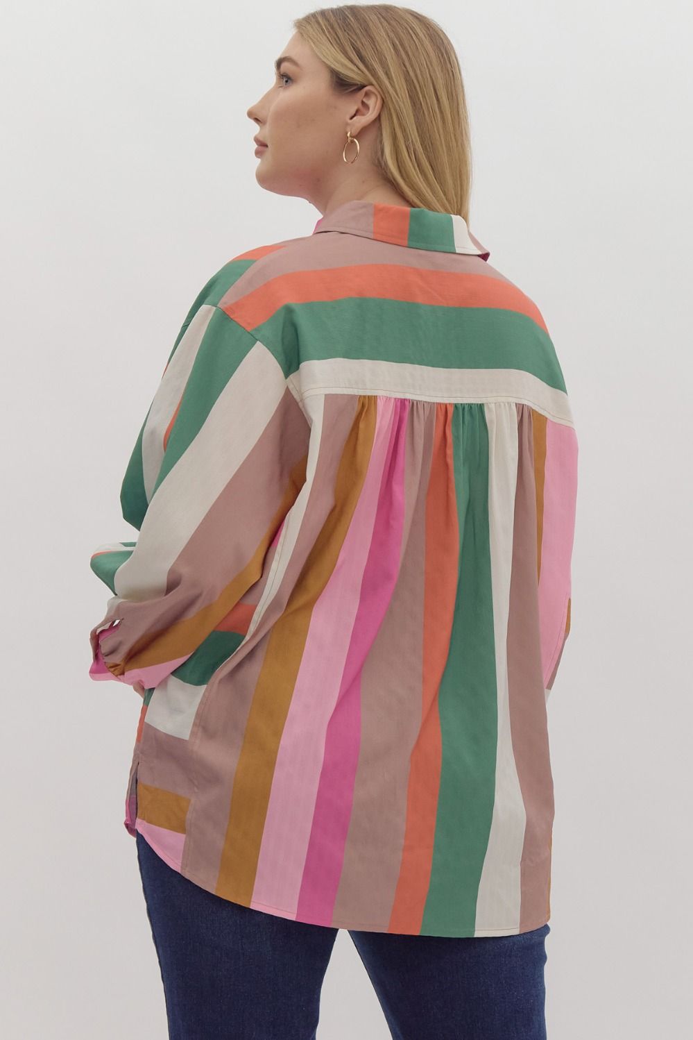 Multicolor striped button down long sleeve collared top