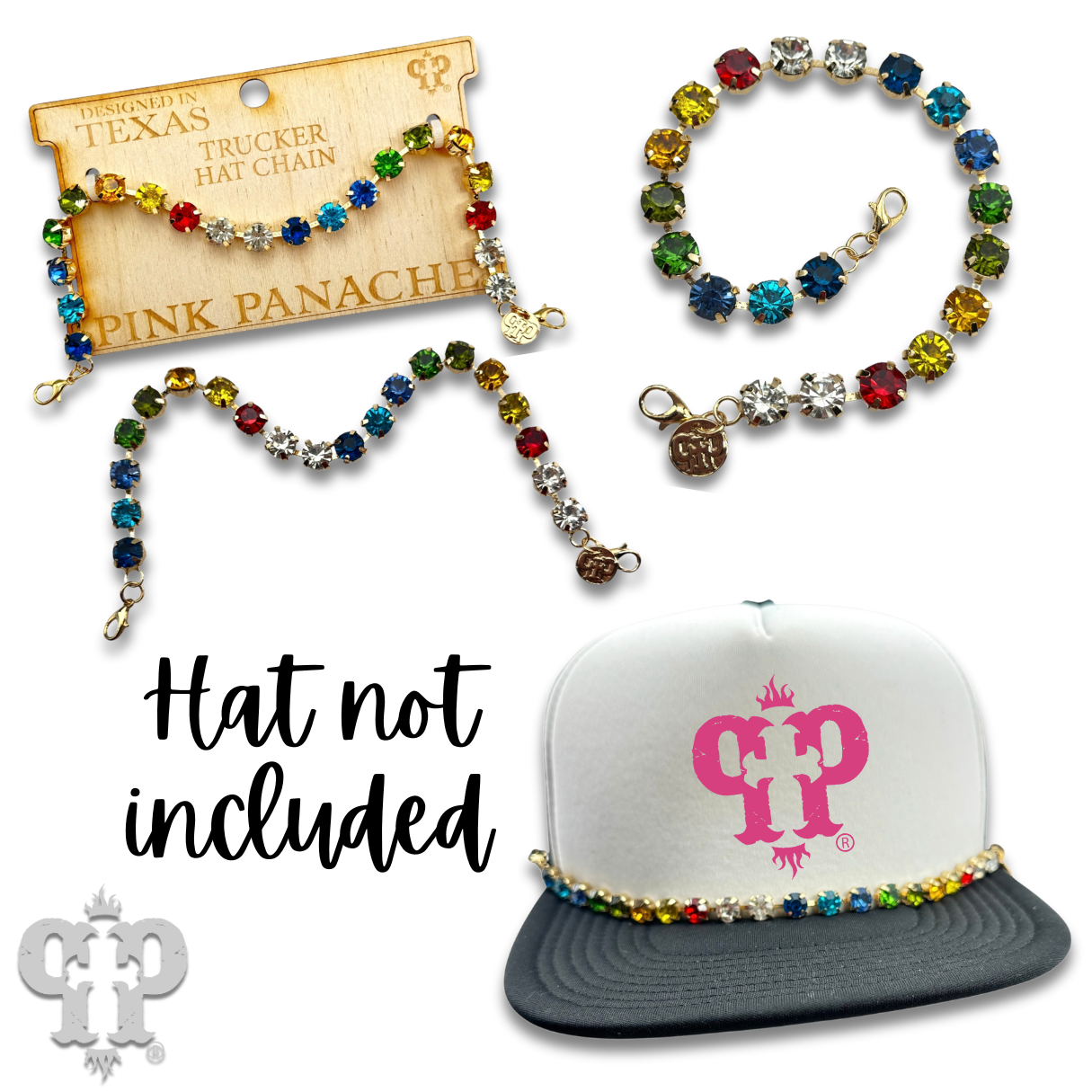 Multi-color rhinestone trucker hat chain